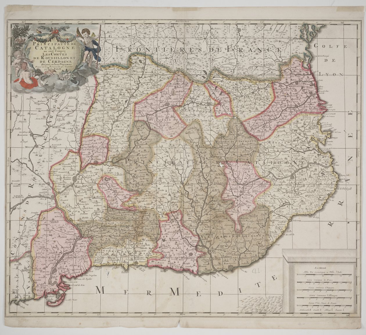 Furstendömet Katalonien, ca 1702 (handfärgad etsning) av Gerard Valck