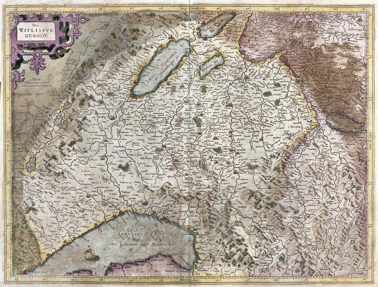 Nordost om Genève, Schweiz (gravyr av Gerardus Mercator
