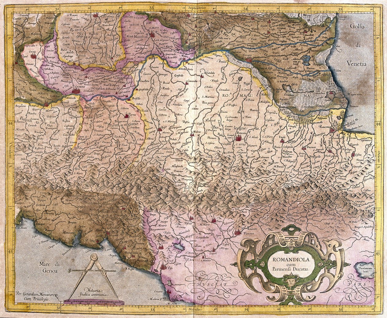 Romagna med Parma, Italien (gravyr av Gerardus Mercator