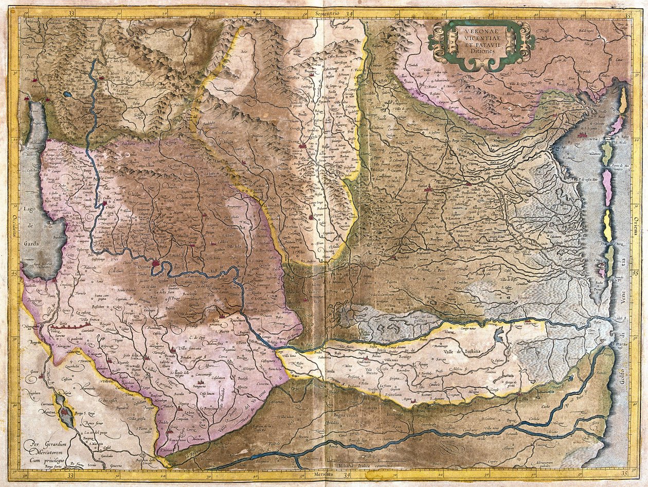 Verona, Vicenza och Padua, Italien (gravyr av Gerardus Mercator