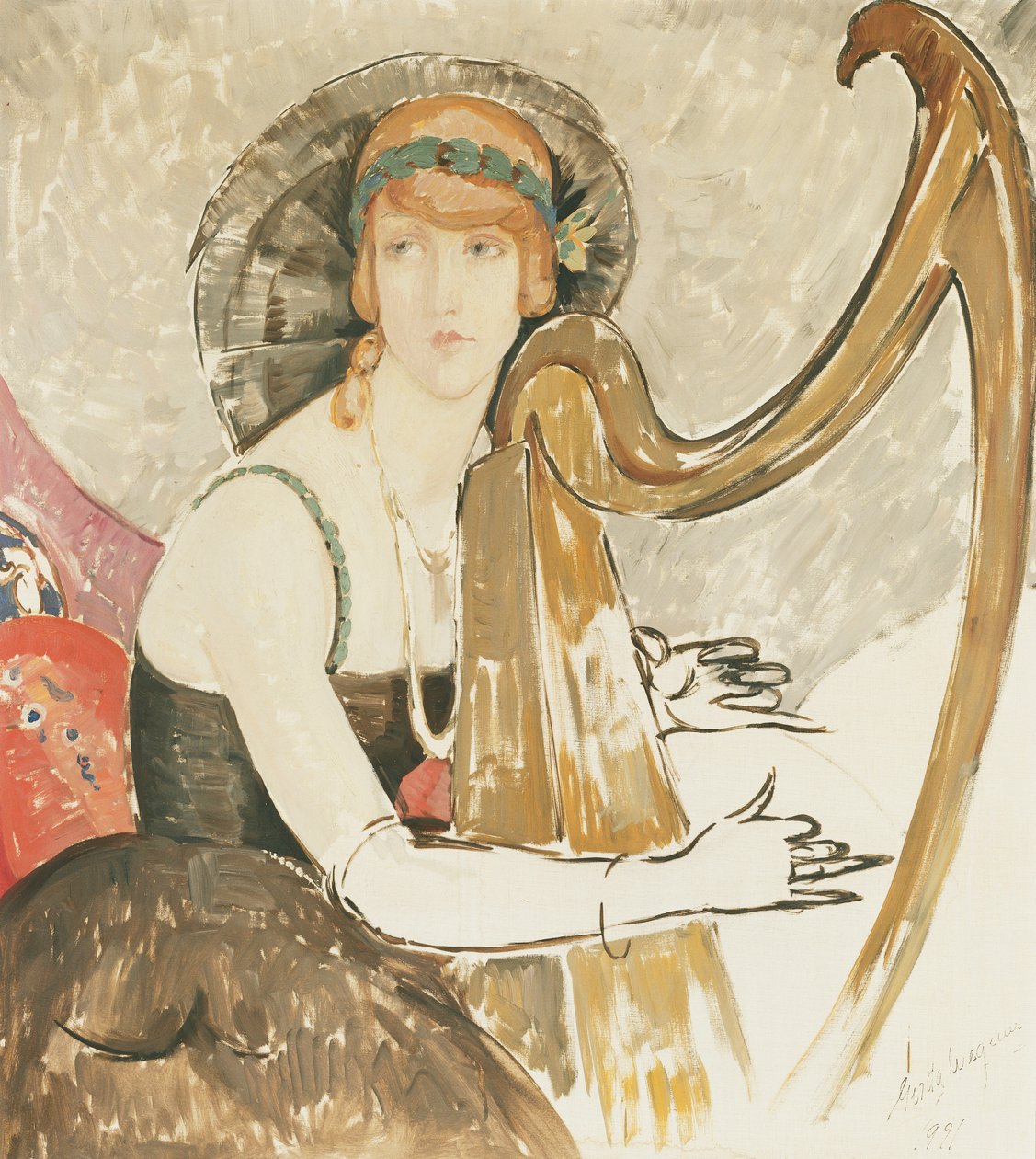En dam som spelar harpa av Gerda Marie Frederike Wegener