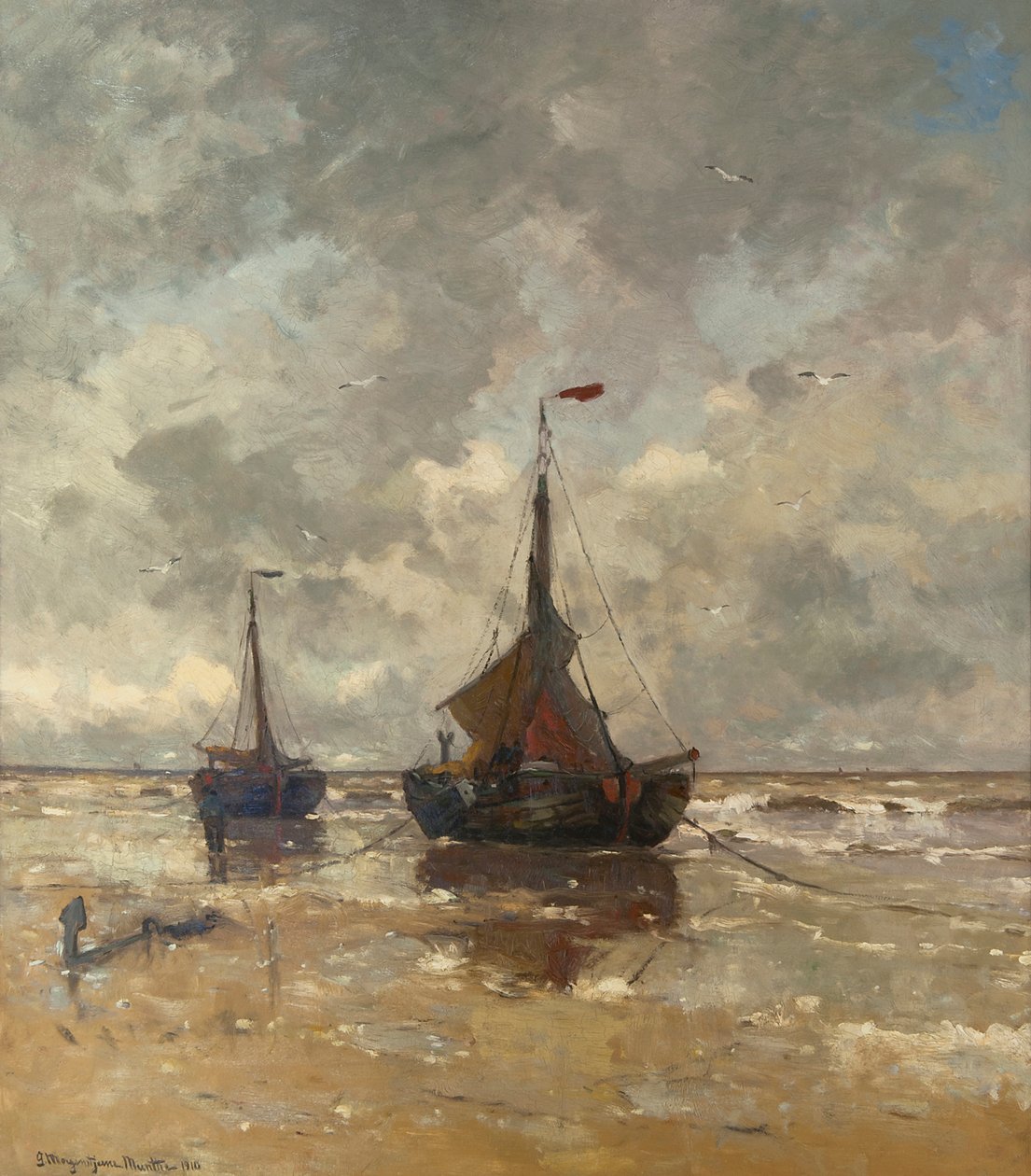 Twee bomschuiten op het strand av Gerhard Morgenstjerne Munthe
