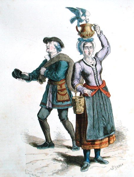 Mjölksäljare och skosäljare (färggravyr) av Gerlier (after)