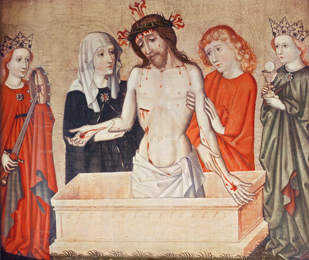 Kristus vid graven, med stöd av sin mor och den helige Johannes. av German School