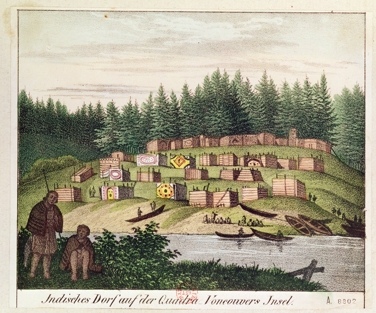 Indian Encampment på Quadra Island, Vancouver Islands (färggravyr) av German School