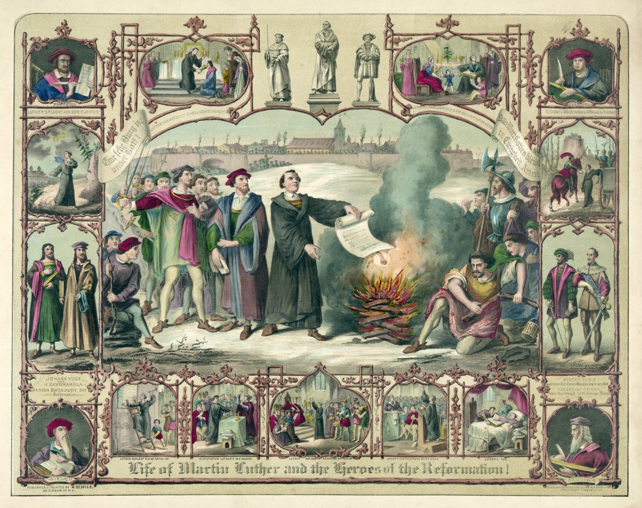 Martin Luthers liv och reformationens hjältar!, pub. 1874 (färglitografi) av German School