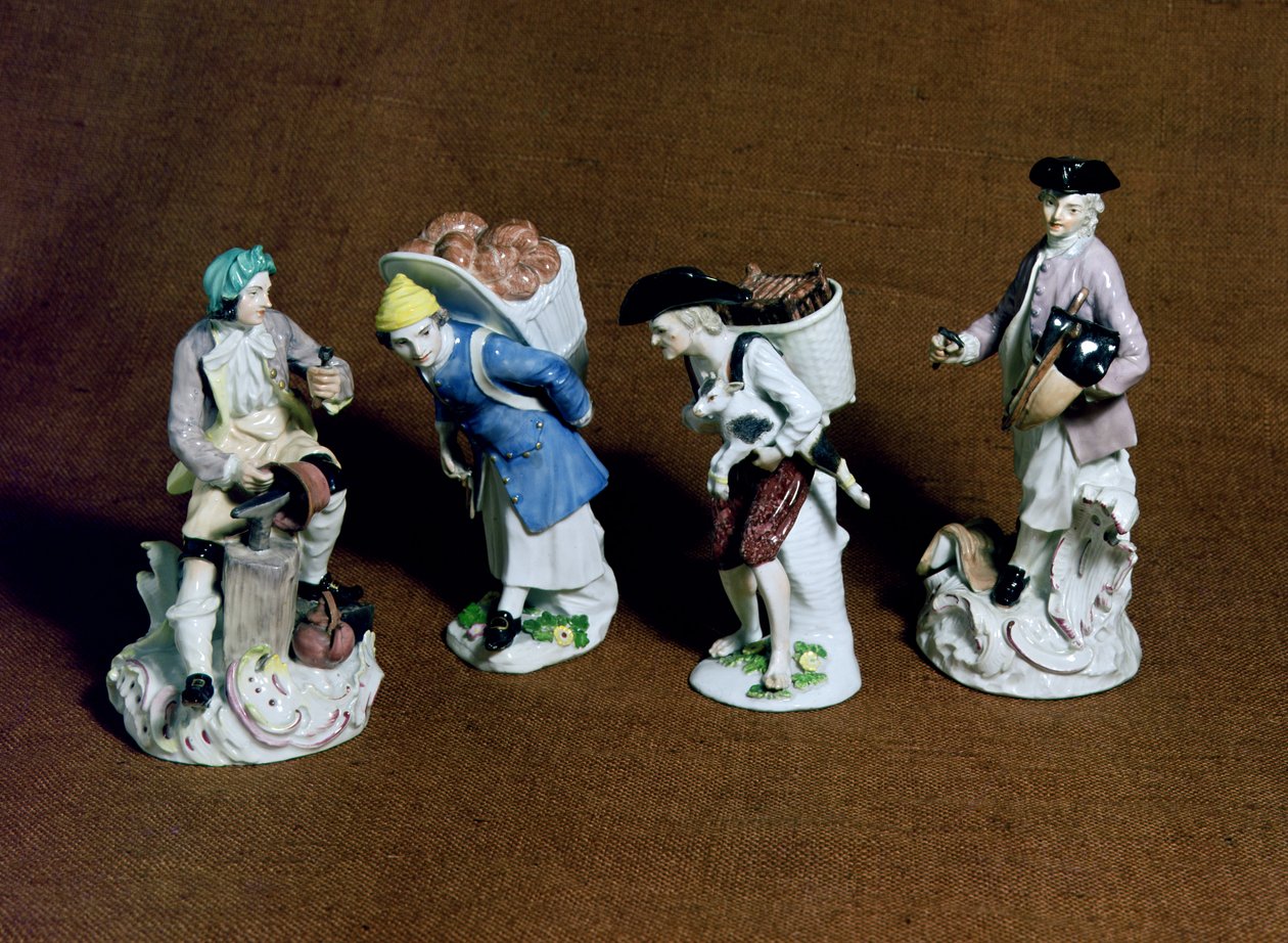 Meissen-figurer: sadelmakare, getförsäljare och kopparslagare, modellerad av Johann Joachim Kandler (1706-75) och en bagarpojke av Peter Reinicke (1715-68), ca 1750 (porslin) av German School