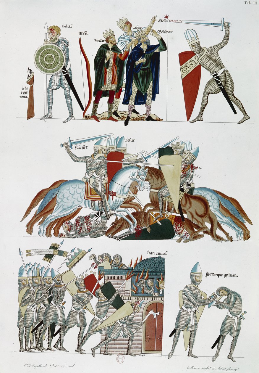 Ms Facs 227 pl.3 Magi, slaget vid Joshua och belägringen av Dan, från Hortus Deliciarum av Herrade de Landsberg, faksimilkopia av ett 1100-talsmanuskript (penna & bläck och wc på papper) av German School