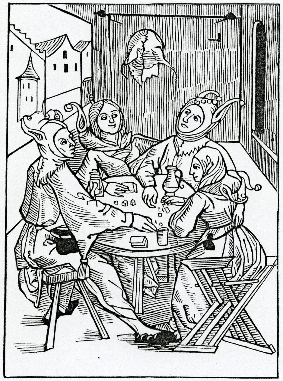 Of carde players and dysers, illustration från Alexander Barclays engelska översättning av "The Ship of Fools", från en utgåva som publicerades 1874. av German School