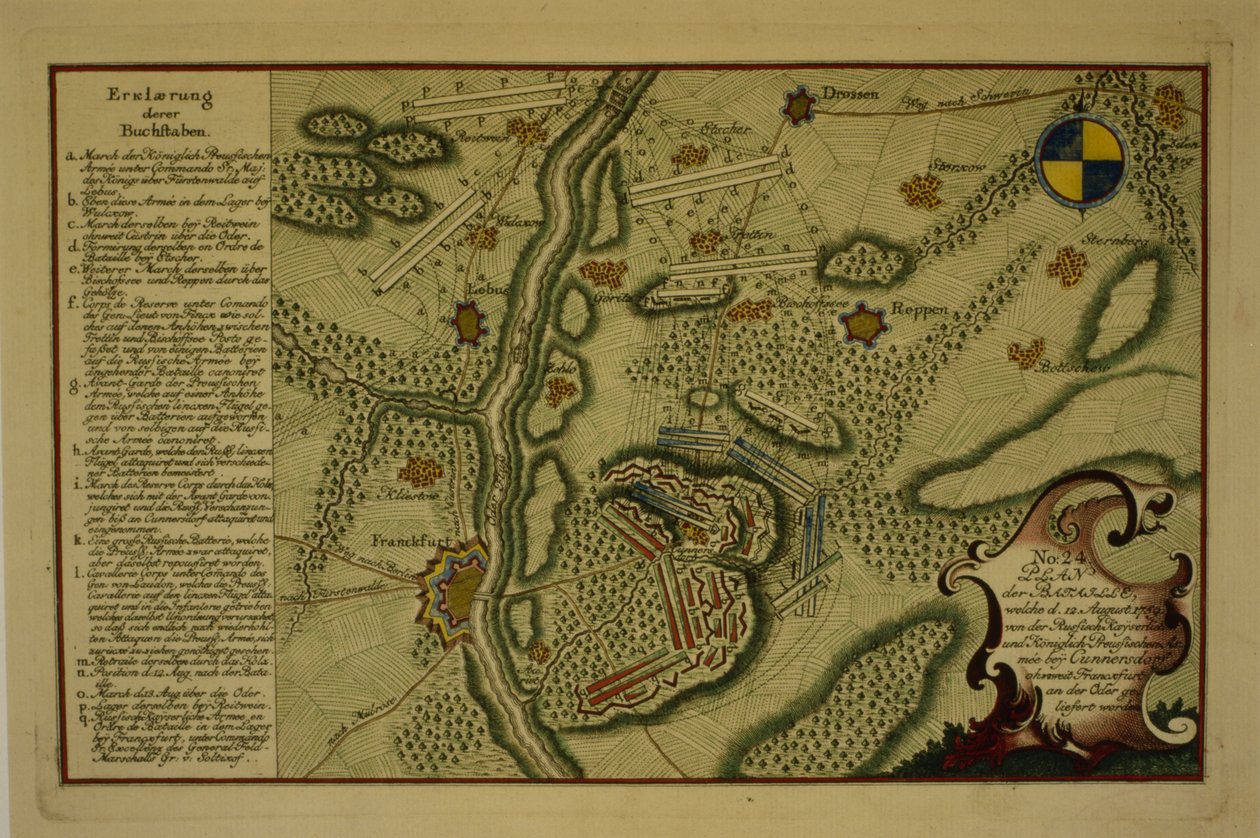 Plan för slaget vid Kunersdorf, 12 augusti 1759, 1759 (penna och bläck på papper) av German School