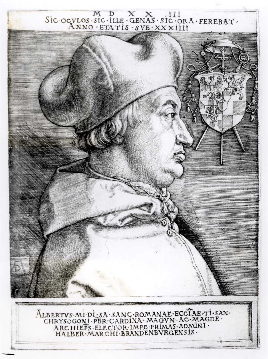 Porträtt av Albert, kardinalkurfursten av Mainz, 1523 av German School