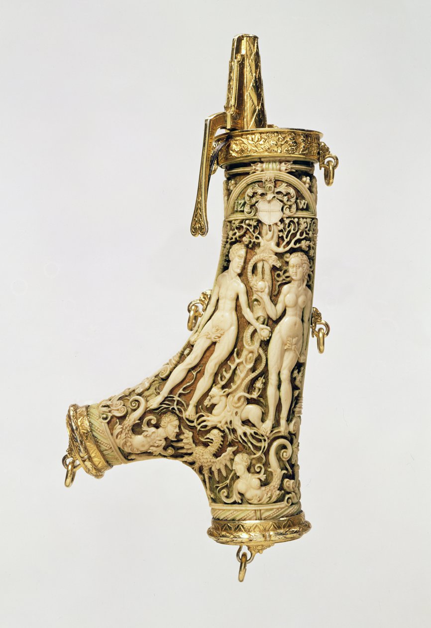 Pulverflaska (hjorthorn, förgylld silver och elfenben) av German School
