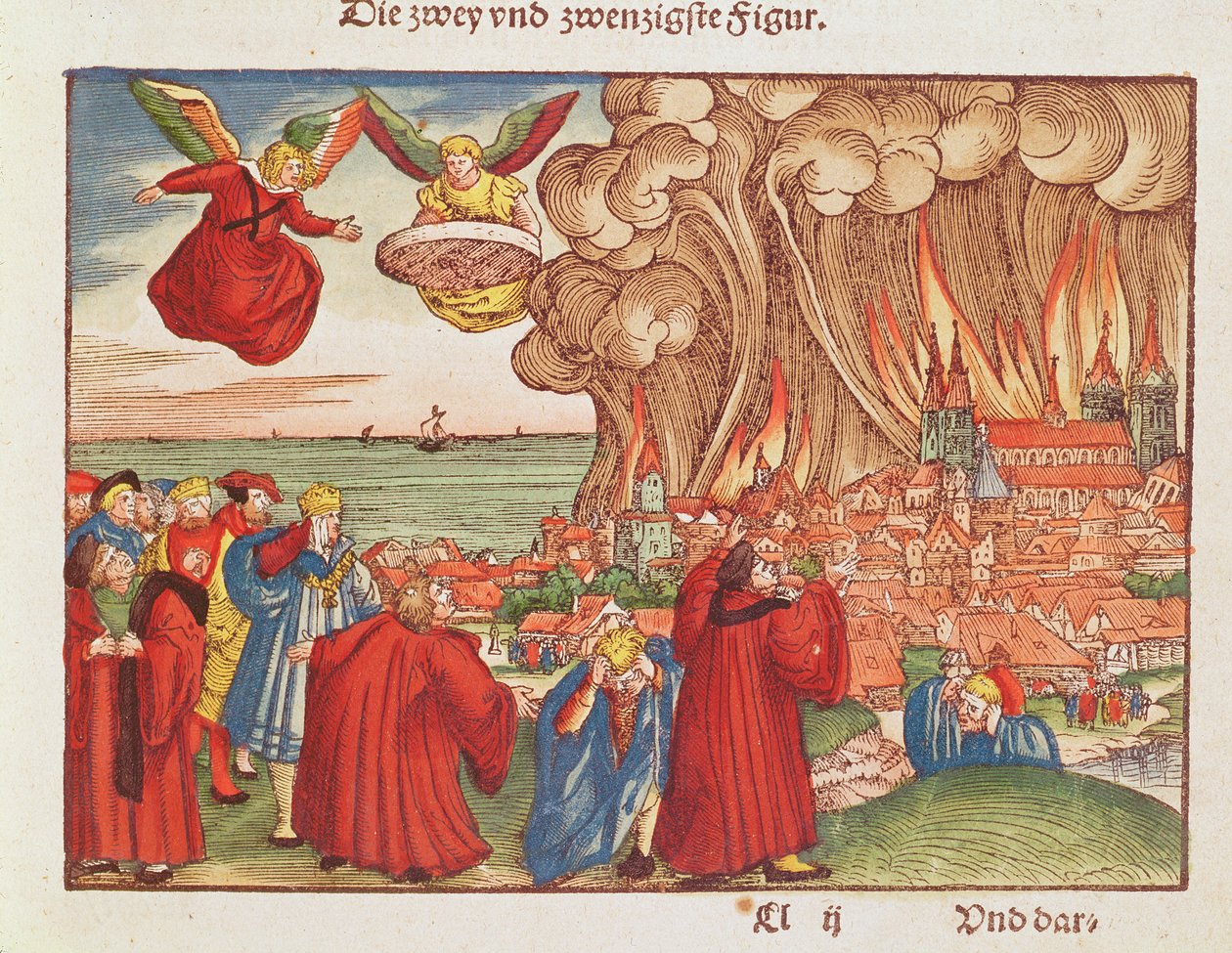 Uppenbarelseboken 18: Babylons bränning, 1:a upplagan, från Lutherbibeln, ca 1530 (färgat träsnitt) av German School