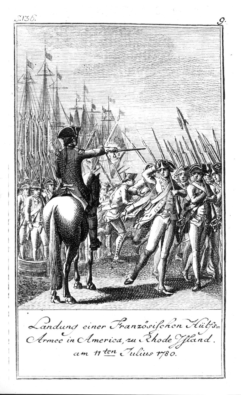 Landstigningen av en fransk hjälparmé på Rhode Island i Amerika, 11 juli 1780 av German School