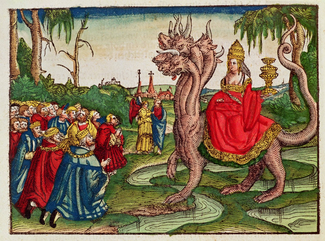 The Whore of Babylon, från Lutherbibeln, ca 1530 (färgat träsnitt) av German School
