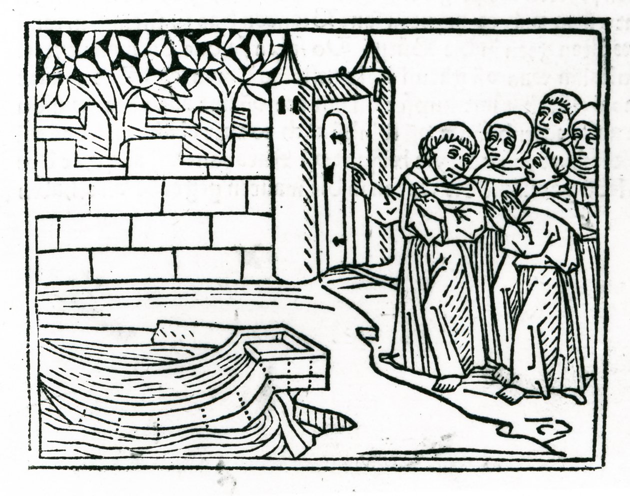 Munkarna lämnar Irland i jakt på paradisön, illustration från "The Voyage of St. Brendan", 1499. av German School