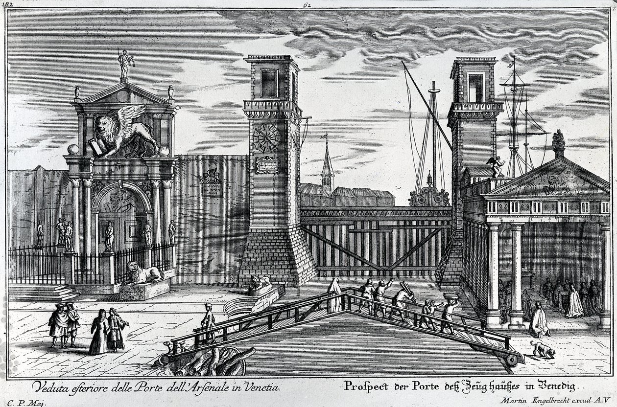 Utsikt över portarna vid ingången till Arsenalen i Venedig, utgiven av Martin Engelbrecht, ca 1740-talet av German School