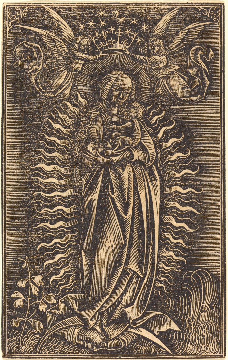 Jungfrun krönt av två änglar av German 15th Century