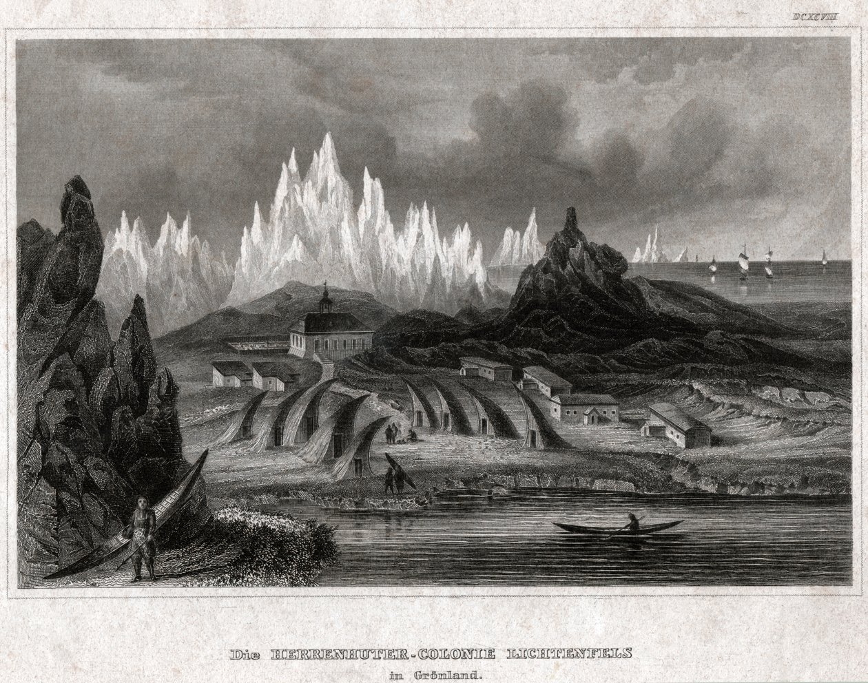 Akunnat, Grönland. (gravyr, ca 1850) av German School