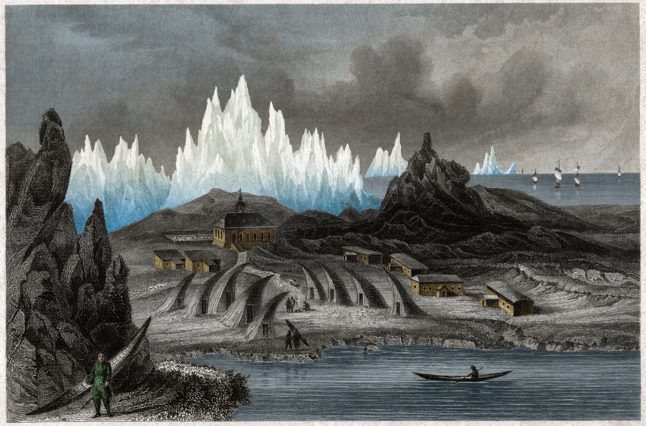 Akunnat, Grönland. (gravyr, ca 1850) av German School