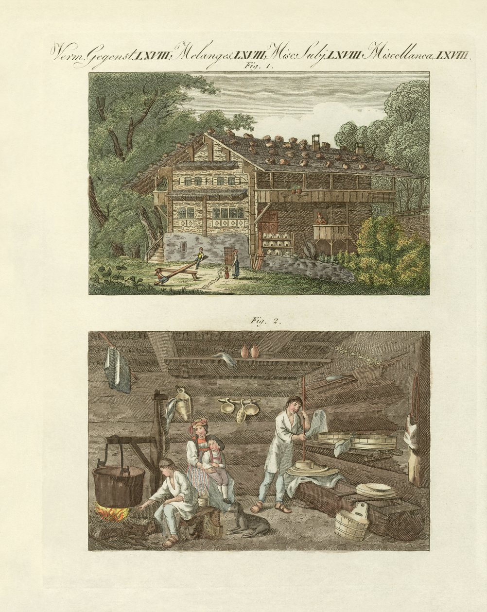 Arkitektur i Schweiz (färgad gravyr) av German School