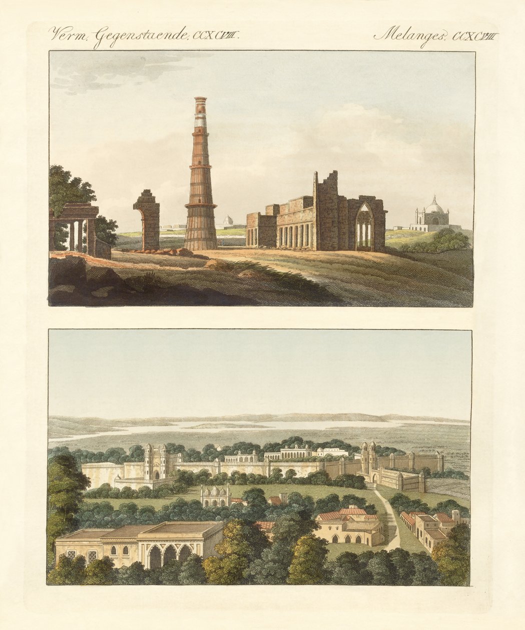 Ostindiska byggnader (färgad gravyr) av German School