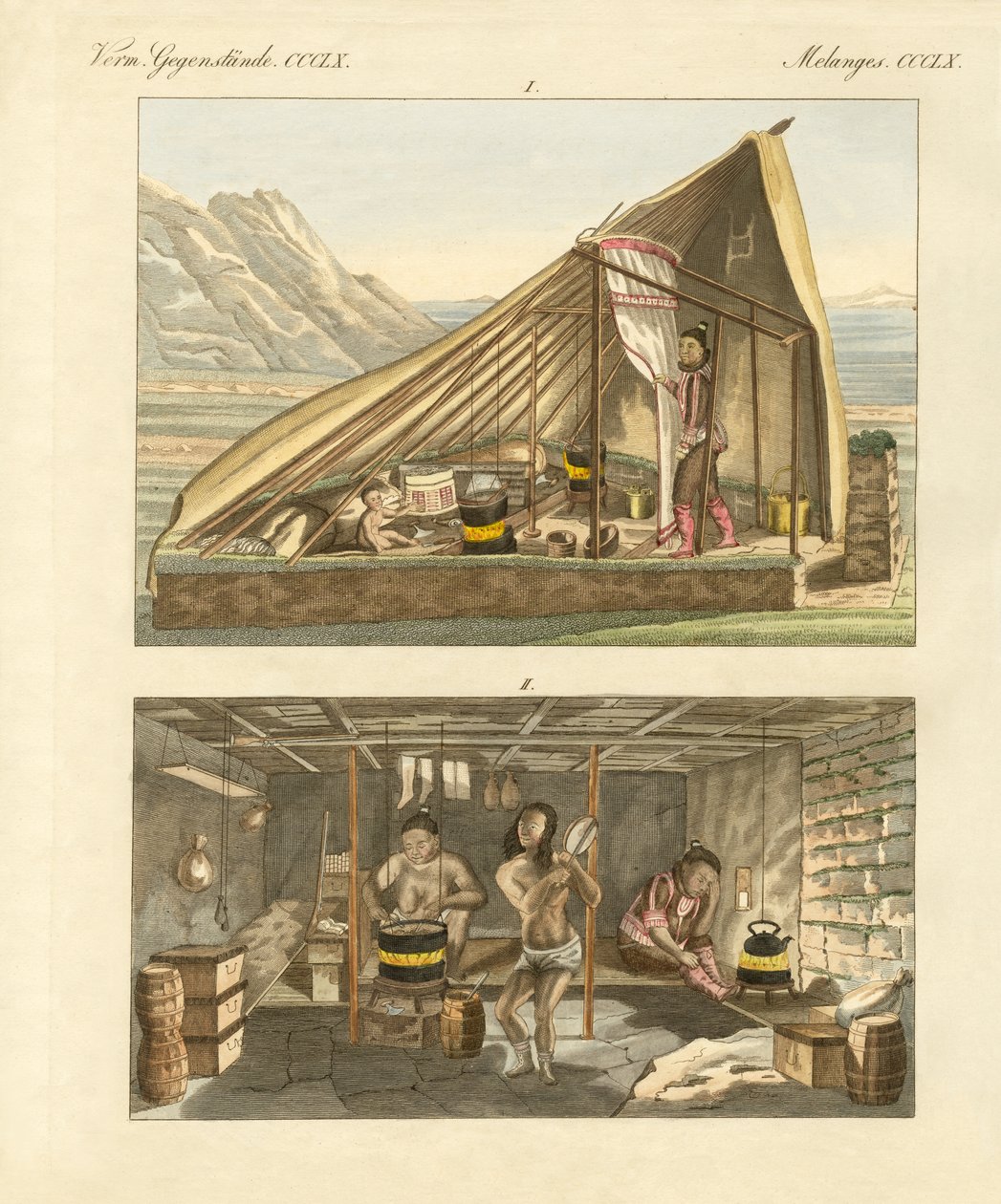 Grönländarnas lägenheter (färgad gravyr) av German School