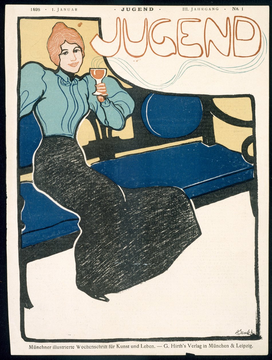 Främre omslaget till Jugend Magazine, januari 1898 av German School
