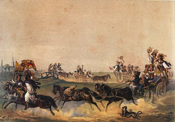 Ungersk bröllopsprocession, ca 1855 (färg litho) av German School