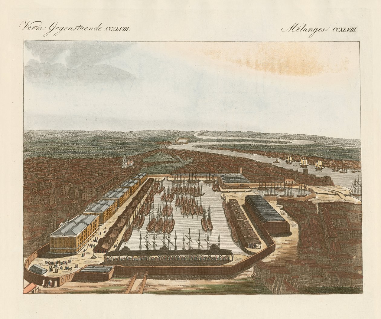 London docks (färgad gravyr) av German School