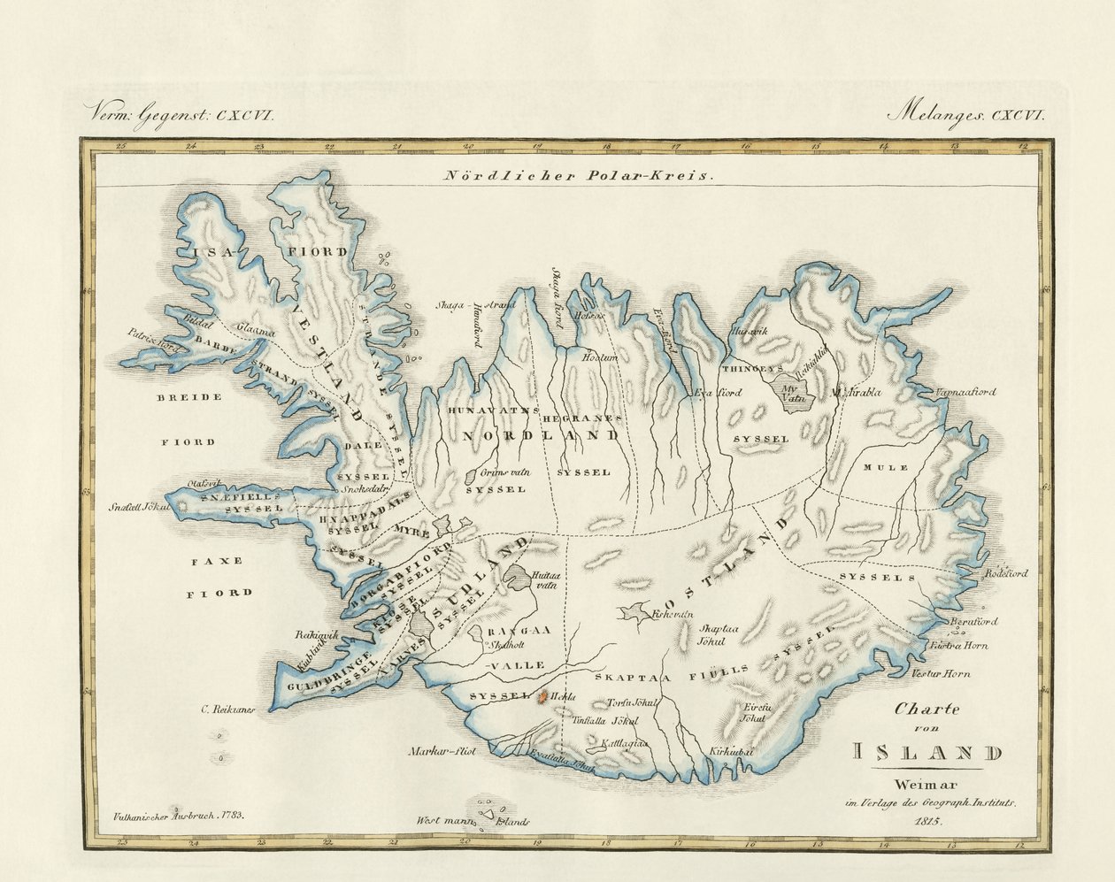 Karta över Island (färgad gravyr) av German School