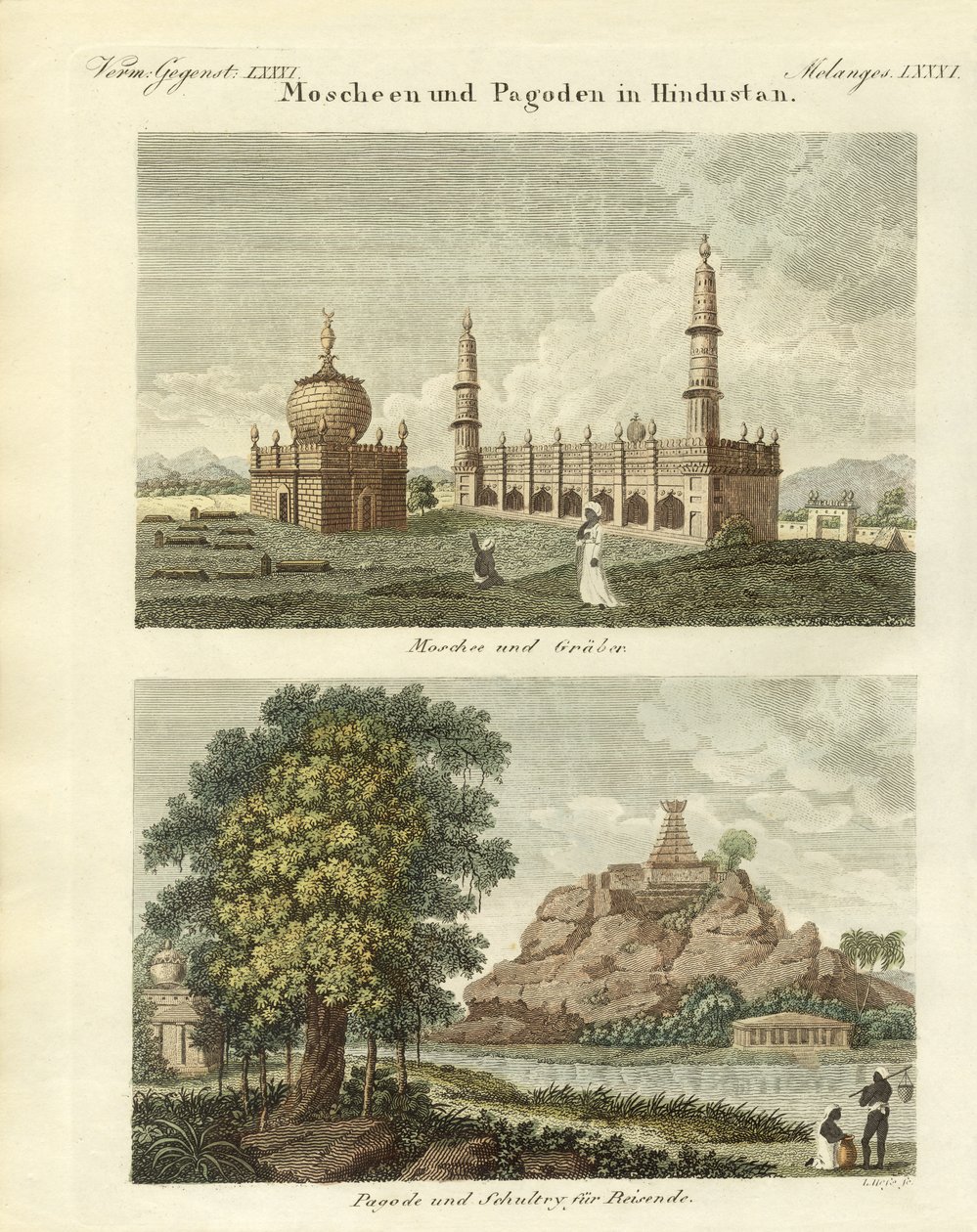 Moskéer och pagoder i Hindustan (färgad gravyr) av German School