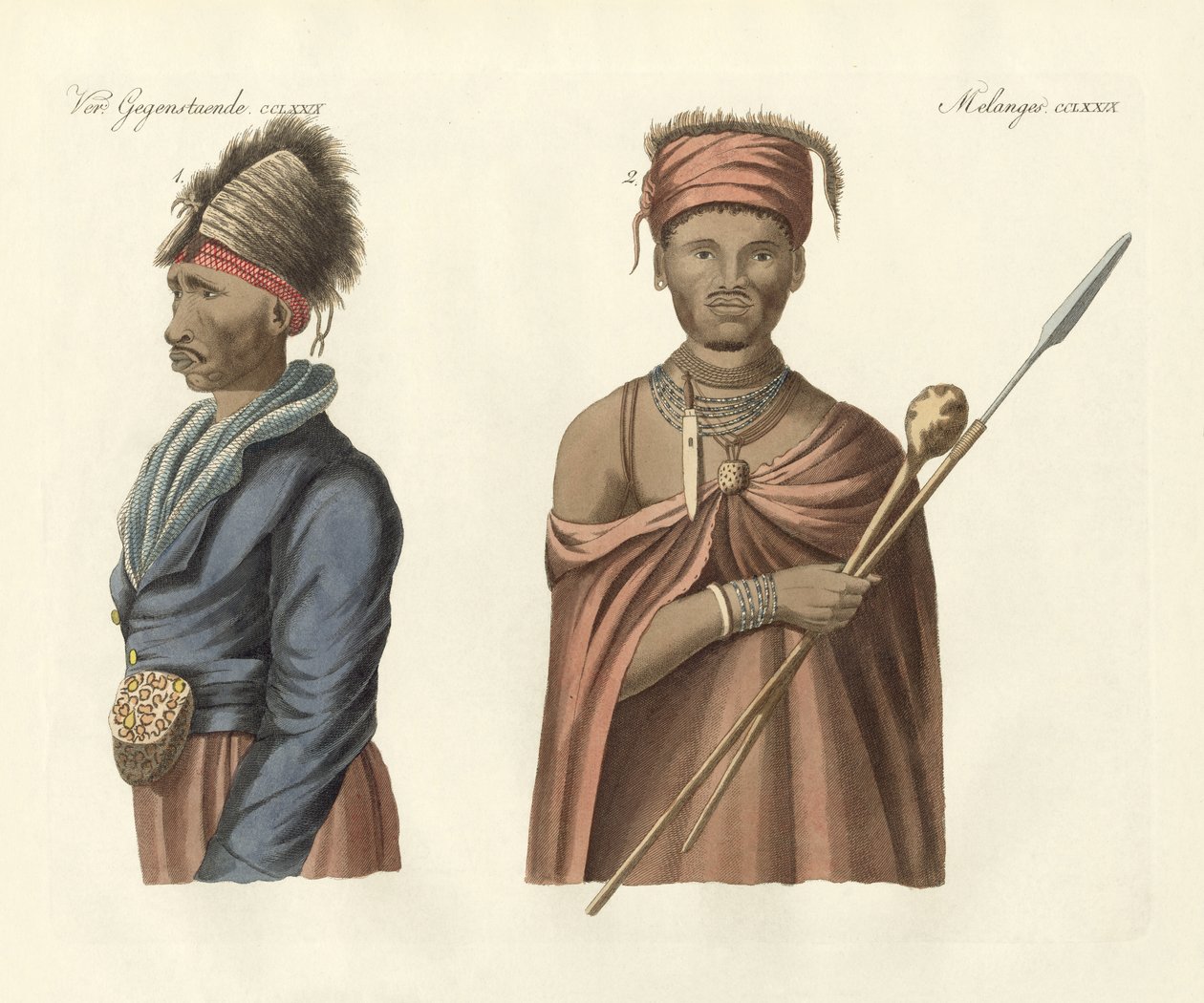 Infödda i Sydafrika (färgad gravyr) av German School