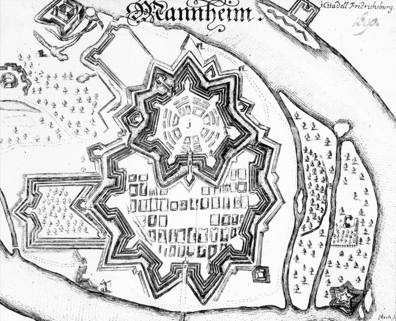 Plan av Mannheim, Tyskland 1690 av German School