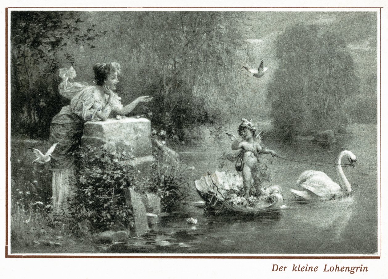 Vykort föreställande Lohengrin med svanen (litho) av German School