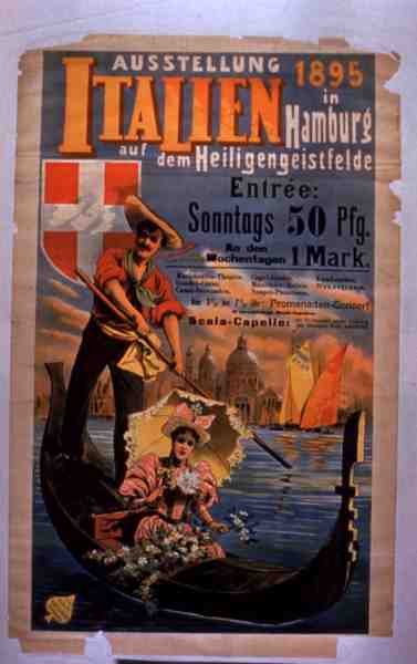 Affisch som annonserar "Italienska utställningen i Hamburg" av German School