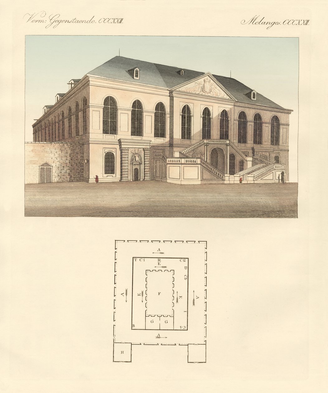 Konstiga byggnader (färgad gravyr) av German School