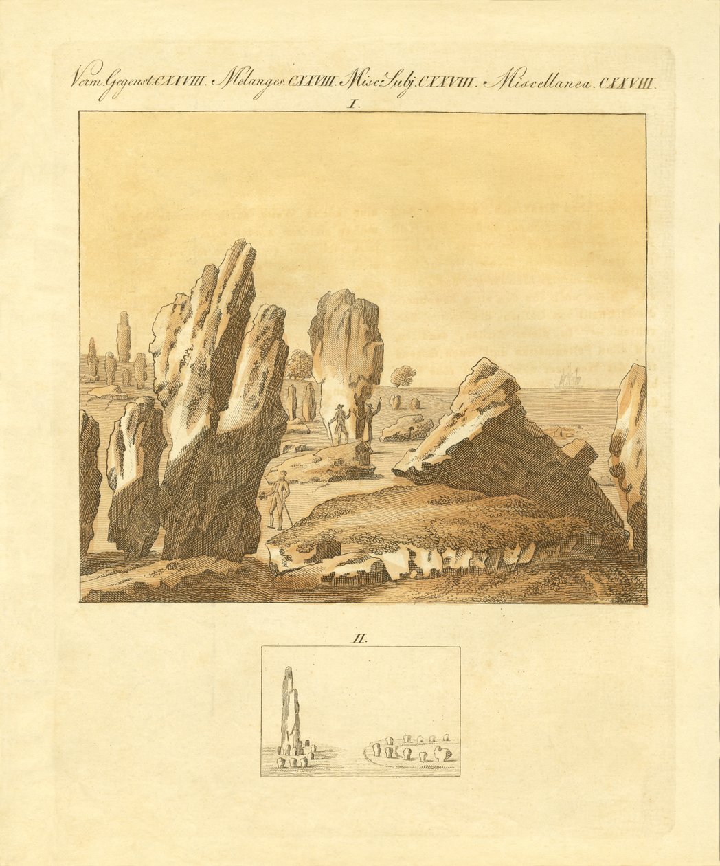 De keltiska monumenten i Carnac (färgad gravyr) av German School