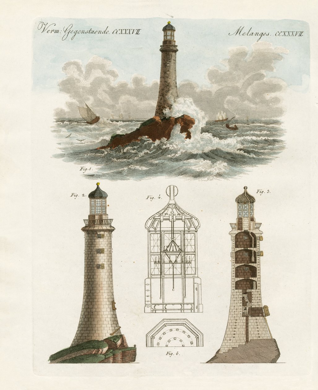 The Eddystone Lighthouse (färgad gravyr) av German School