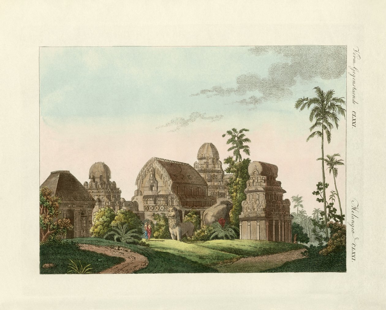 Den indiska pagoden i Mahabalipuram (färgad gravyr) av German School
