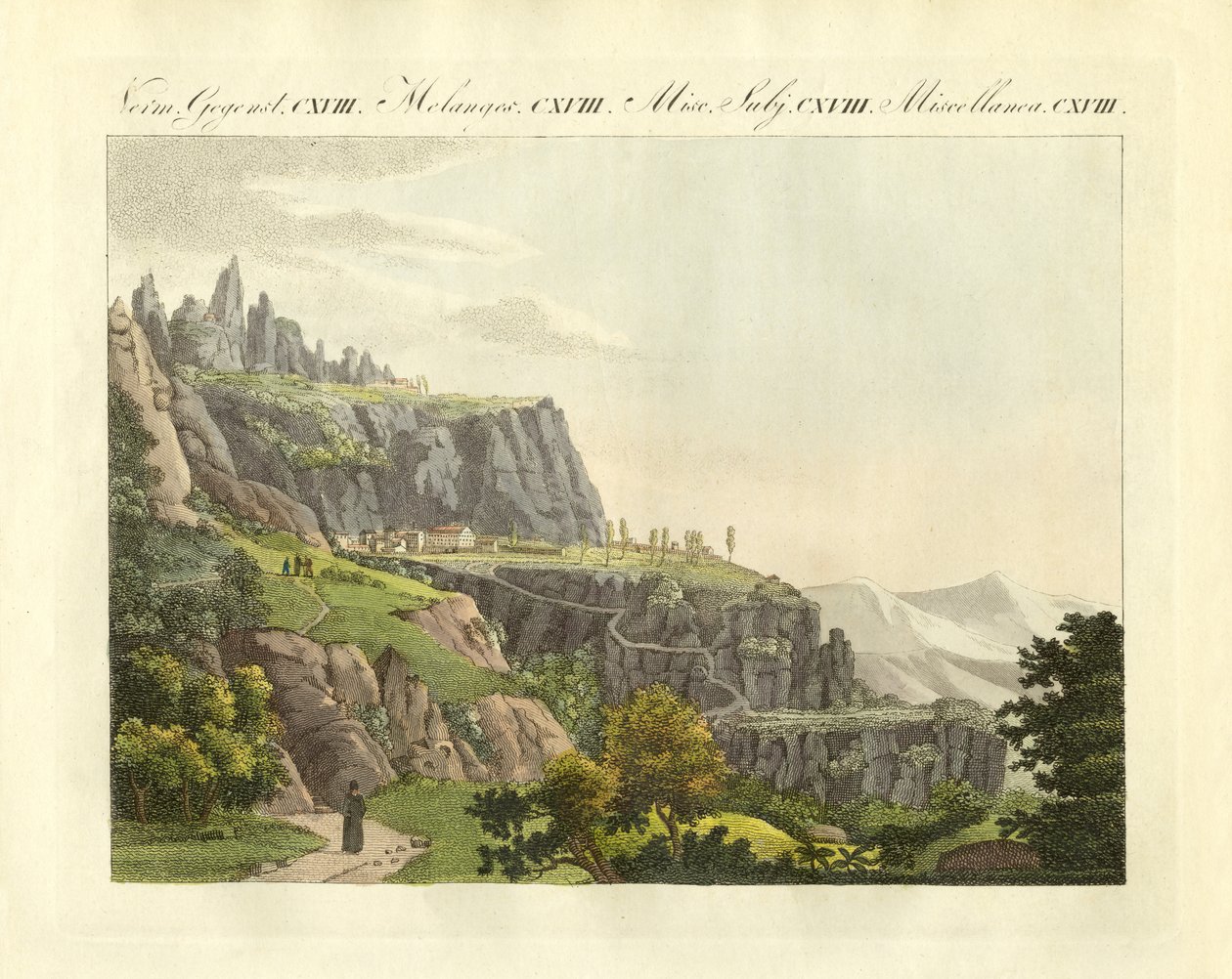 Montserrat i Spanien (färgad gravyr) av German School
