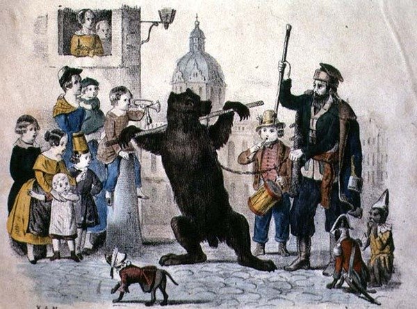 The Performing Bear, c.1860 (färggravyr) av German School