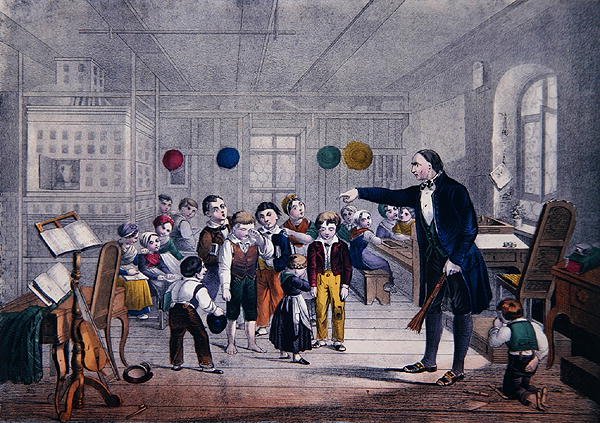 Byns skolmästare, ca 1850 (färg litho) av German School