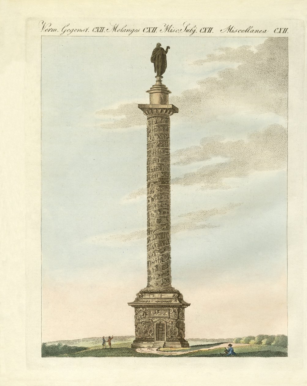 Trajanus kolumn i Rom (färgad gravyr) av German School