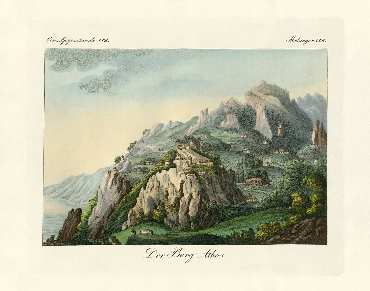 Utsikt över berget Athos (färgad gravyr) av German School
