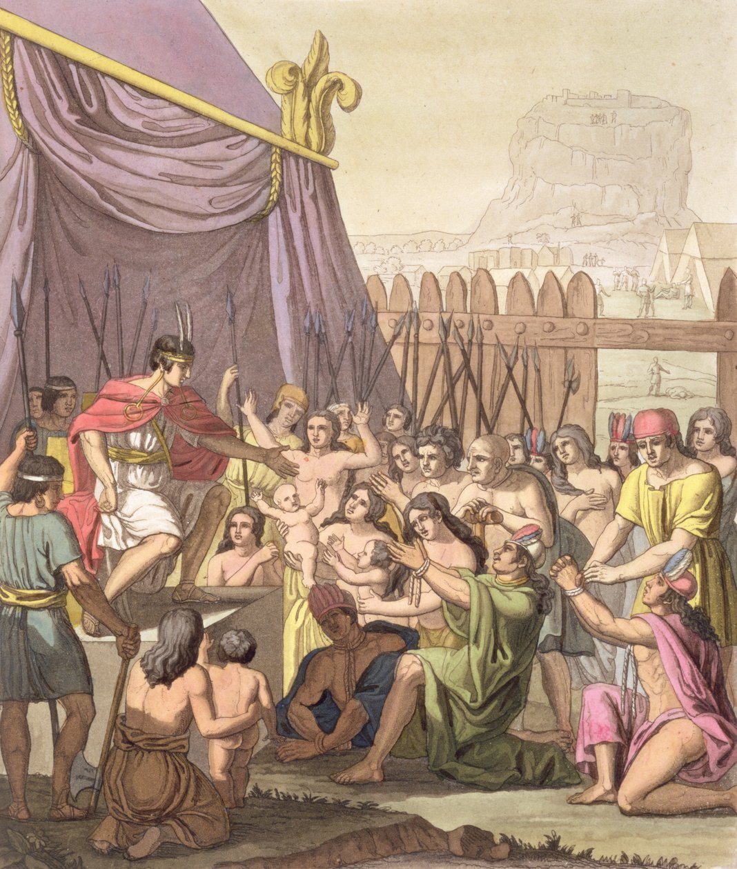 Mayta-Capacs nåd: erbjuder nåd till erövrade stamhövdingar i Caeyaviri, Peru, från "Le Costume Ancien et Moderne", volym I, tavla 18, av Jules Ferrario, publicerad på 1820-30-talen. av Gerolamo Fumagalli