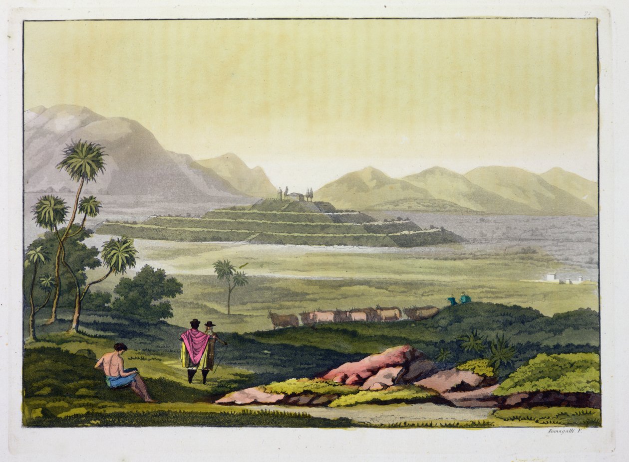 Teocalli, det stora templet i Tenochtitlan, Mexiko, aztekiskt (litografi) av Gerolamo Fumagalli