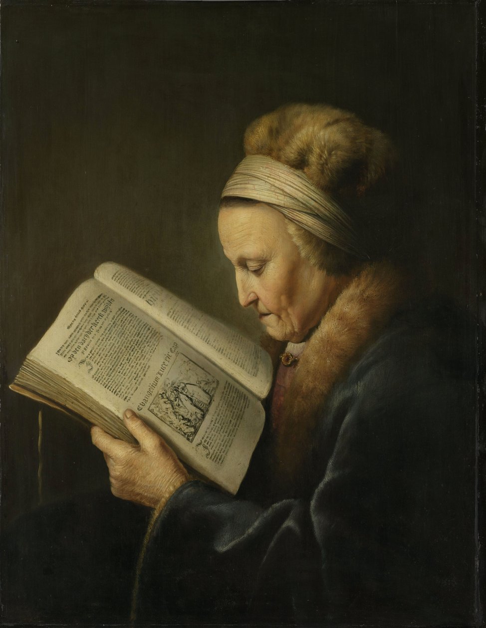 Portrait of an old woman reading av Gerrit Dou