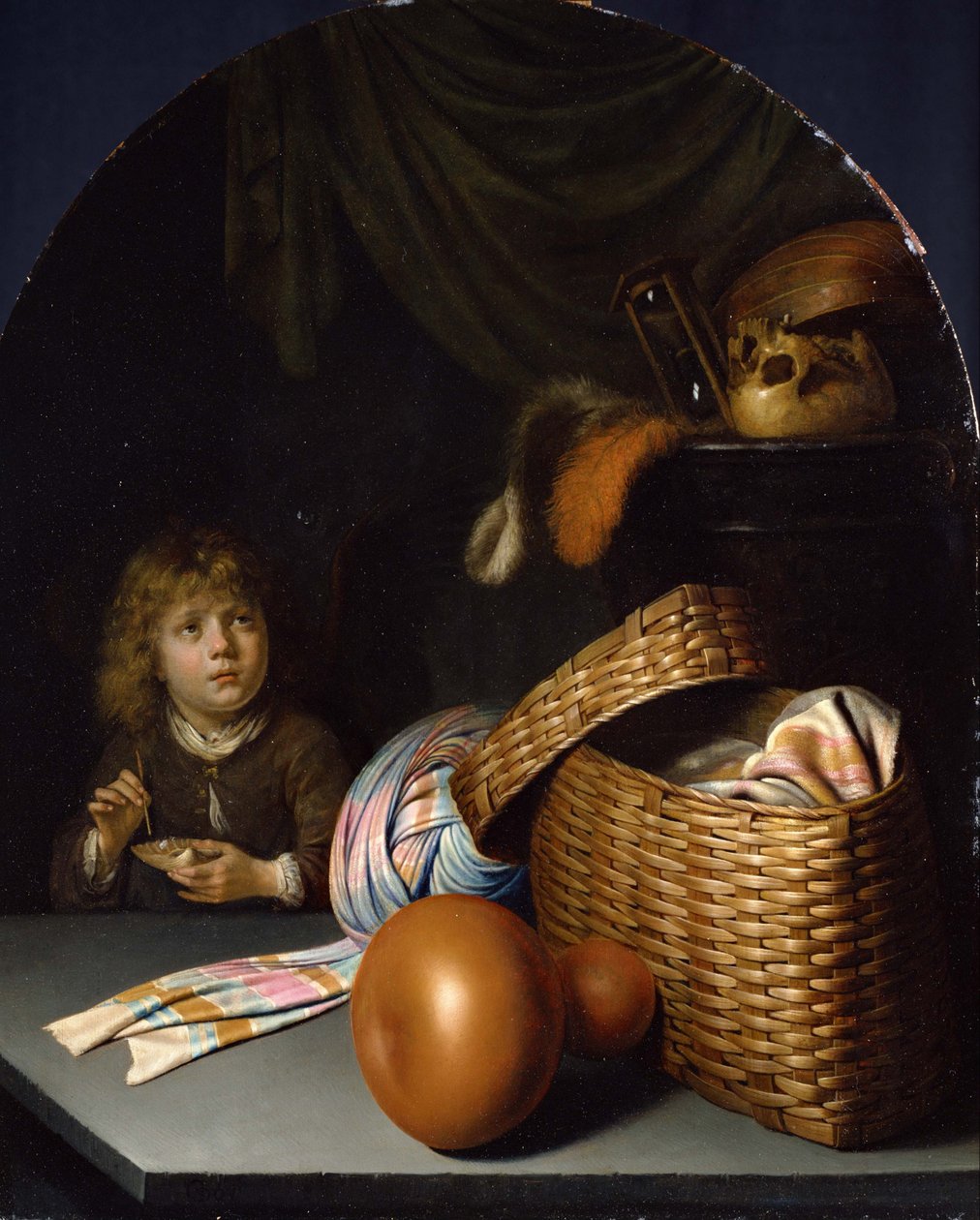 Stilleben med pojke som blåser såpbubblor. av Gerrit Dou