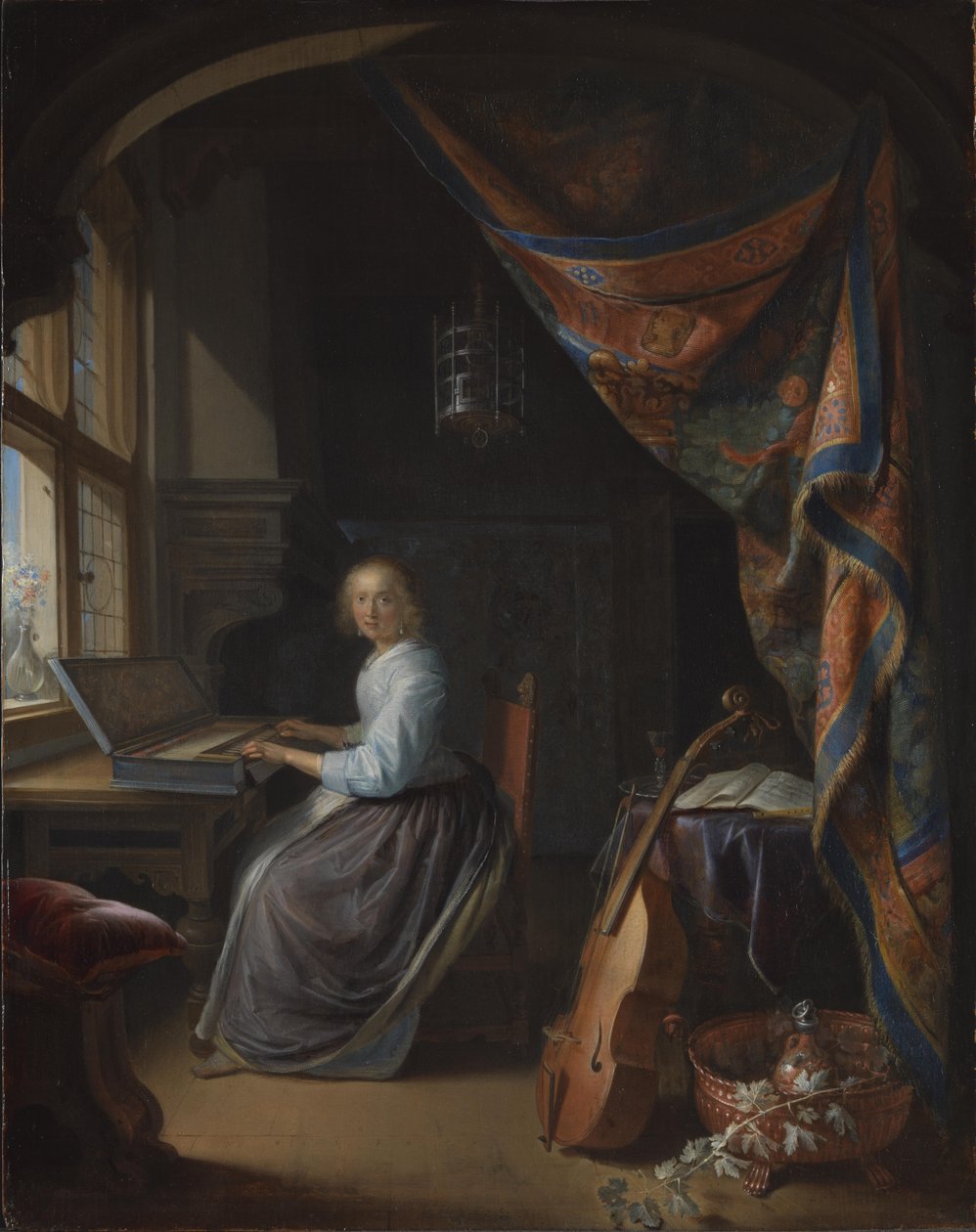 En dam som spelar på en klavikord. av Gerrit Dou